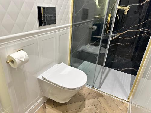 a bathroom with a toilet and a glass shower at NOWE !!! Apartamenty OFF PIOTRKOWSKA w Roosevelta Residence, Klimatyzacja, Wejście na KOD, WiFi, FV in Łódź