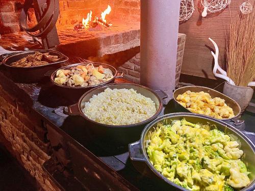 a stove with four pans of different types of food at Roy's Rest Camp in Groutfontein
