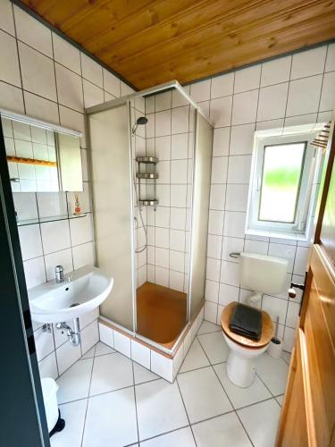 a bathroom with a shower and a toilet and a sink at Hotel Wildrose in Neukirchen am Großvenediger