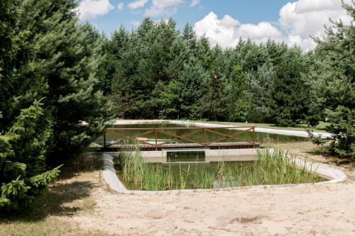 a garden with a pond and trees in the background at Starodawna Chata - Dziad in Zamość
