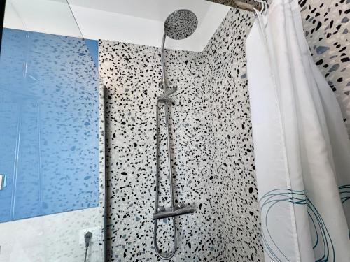 a shower in a bathroom with a shower curtain at Chez Tosca in Treviso