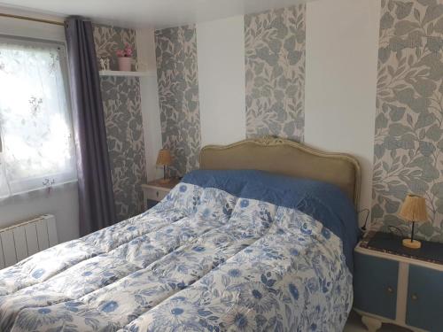 a bed with a blue and white comforter in a bedroom at Chez Marie in Oye-Plage