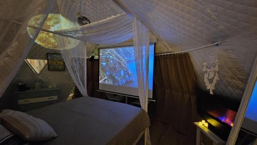 a bedroom with a bed and a large screen television at Logements insolites du Domaine de la Tuilière in Carnoules