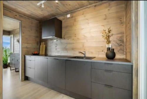 a kitchen with a sink and a wooden wall at Cabin at the end of Skardsøya towards the sea - boat in Bukta