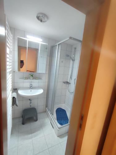 a bathroom with a shower and a sink at Am 12er in Mittelberg