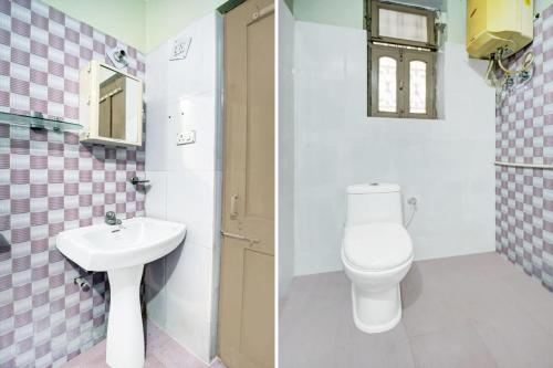 two pictures of a bathroom with a toilet and a sink at Hotel O Sunrise in Dānāpur