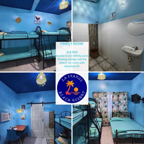 a collage of photos of a room with blue walls and bunk beds at La Evangs Beach Resort Taal in San Luis