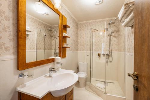 a bathroom with a sink and a shower and a toilet at Hotel Monte Cristo in Kotor