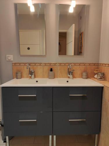 a bathroom with a sink and two mirrors at Au Vendangeoir Gîte de groupe piscine in Couvignon
