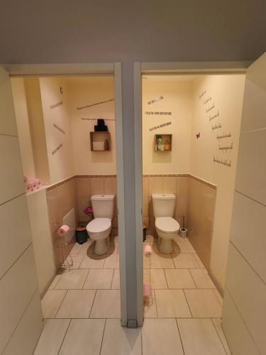 a bathroom with two toilets and writing on the walls at Au Vendangeoir Gîte de groupe piscine in Couvignon