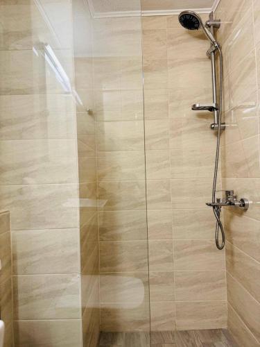 a shower with a glass door in a bathroom at Desire Apartments in Kato Gouves