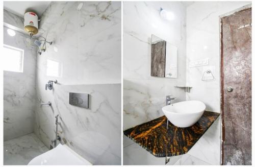 two pictures of a bathroom with a sink and a mirror at Bluestone Residence in Pānchuria