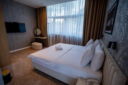 a bedroom with a bed with a large window at Hotel Aria in Podgorica