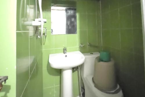 a green bathroom with a sink and a toilet at Catappa Lodge Puerto Galera in Puerto Galera
