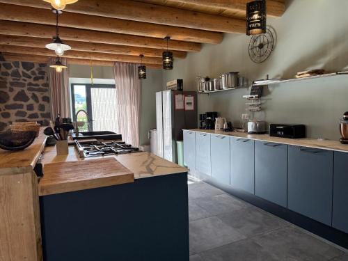 une cuisine avec des armoires bleues et un comptoir dans l'établissement Gîte LE RABIOUZE - 4 épis, 15 pers, 22 couchages - Ancienne Bergerie rénovée, cachet d'origine conservé - Vue magnifique - Label Ecogîte, à Arlempdes