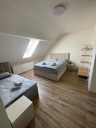 two beds in a room with a ladder at Prázdninový dům Vinohrad 97 in Pavlov