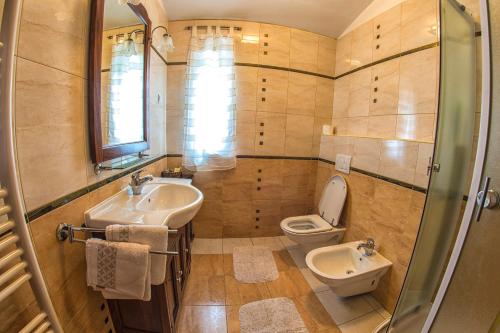 un bagno con lavandino, WC e doccia di Apartments Sablic a Pola (Pula)