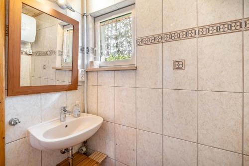 un baño con lavabo y espejo en Bungalow 131, en Zadelsdorf