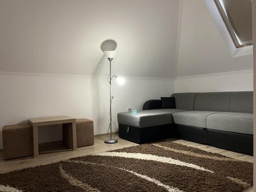 a living room with a couch and a lamp at Pensiunea Kacsó in Măgherani