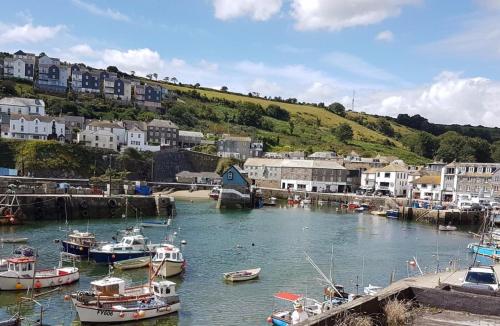 a group of boats are docked in a harbor at La Mouette in Mevagissey