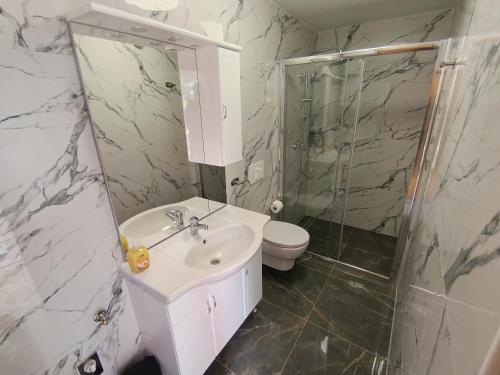 a bathroom with a sink and a shower and a toilet at Apartments Valter Frankovic in Mošćenička Draga