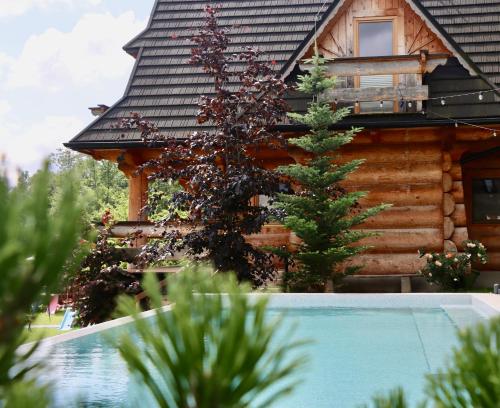 a log cabin with a swimming pool in front of a house at Willa Stożek, 50 m od term i wyciągów narciarskich in Białka Tatrzanska
