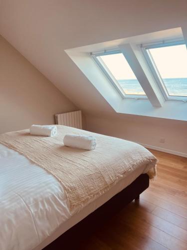 a bedroom with a bed with two skylights at Maisons Bodenn - Villa de Pors Riagat Front de Mer in Plobannalec-Lesconil