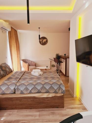 a bedroom with a bed and a flat screen tv at Aqua Apartments 2 in Jagodina