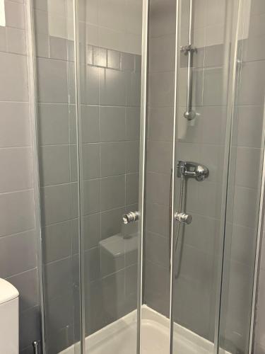 a shower with a glass door in a bathroom at Villa Sulejówek in Sulejówek