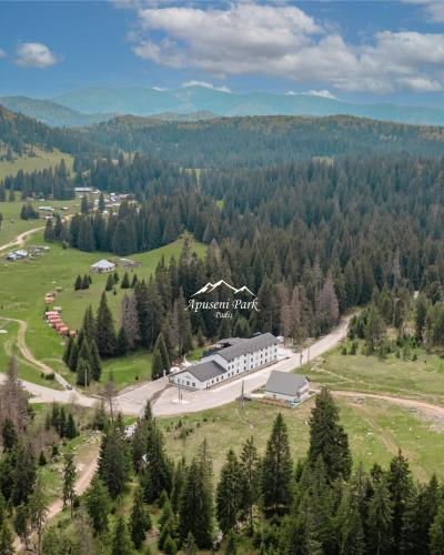 an aerial view of the whispering pines resort in the mountains at Apuseni Park Padis in Padis