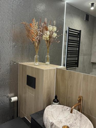 a bathroom with a sink and two vases with flowers at Apartament Odlot in Międzybrodzie Żywieckie