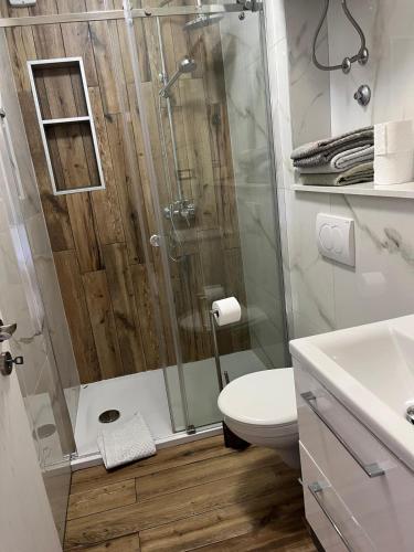 a bathroom with a shower and a toilet and a sink at Apartman Leo in Brela