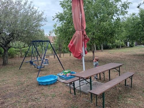 a picnic table with an umbrella and a swing at Horváth Apartman Badacsonytomaj in Badacsonytomaj