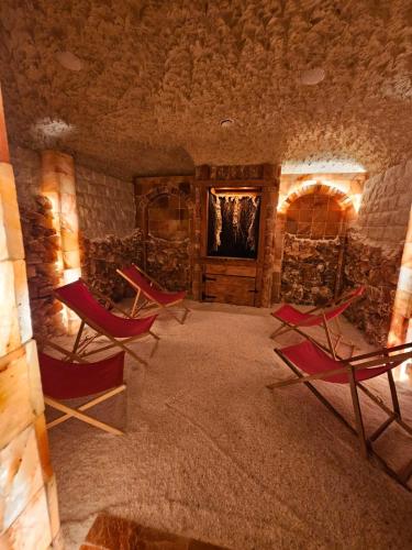 a room with red chairs and a stone wall at Long Vita in Przewóz