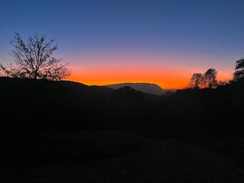 a sunset with trees and mountains in the background at The Landscape Barn Homes in Râşnov