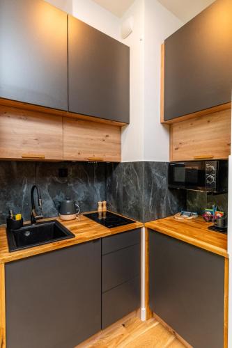 a kitchen with wooden cabinets and a sink at Omega Lake Apartments in Olsztyn