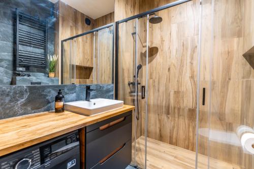 a bathroom with a sink and a shower at Omega Lake Apartments in Olsztyn