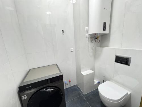 a bathroom with a toilet and a washing machine at Asila in Bishkek