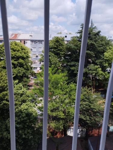 a view from a window of trees and a building at Two bedroom apartment Mikheil in Kutaisi