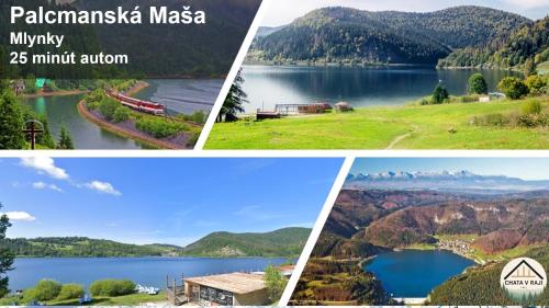 a collage of four pictures of a lake at Chalet in the Slovak Paradise in Hnilčík