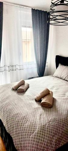 a bed with two pillows on it with a window at Apartman Lena in Vrnjačka Banja