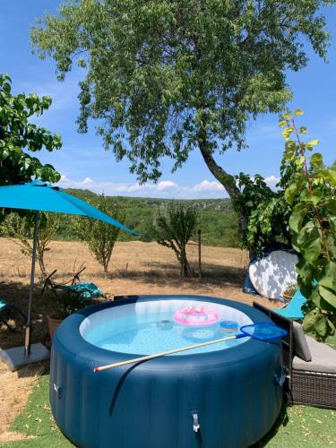 a blue hot tub in a yard with an umbrella at LA GRAND'VIGNE in Chauzon