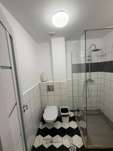 a bathroom with a toilet and a glass shower at Ave Hotel Victoriei in Bucharest