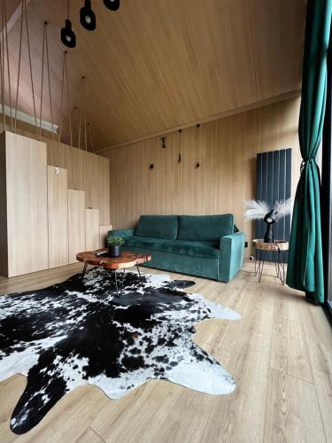 a living room with a green couch and a black rug at The Landscape Barn Homes in Râşnov