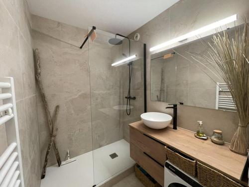 une salle de bain avec un lavabo et un miroir dans l'établissement Agréable T2 avec piscine et animaux admis - FR-1-379-182, à Soustons