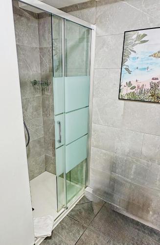 La salle de bains est pourvue d'une douche avec des portes en verre. dans l'établissement 07-1 - Cozy & élégant - TV sat&VOD, à Villeurbanne