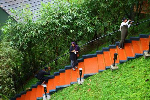 a group of people walking up some orange stairs at Swiss Holidays in Pinangode