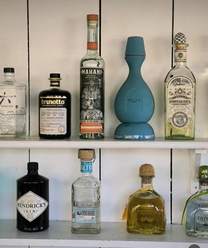 a shelf filled with different types of bottles at Hôtel Latécoère in Biscarrosse