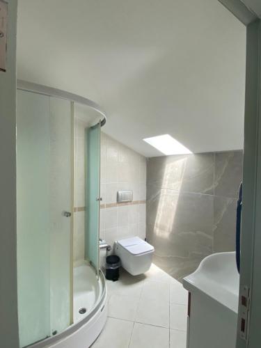 a bathroom with a shower and a toilet and a sink at Cumbalıca Flora in Cesme
