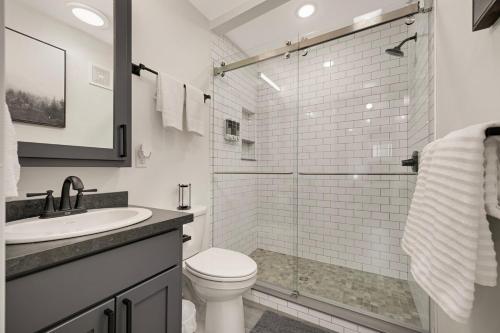 a bathroom with a toilet and a glass shower at North-east arts district loft in Minneapolis